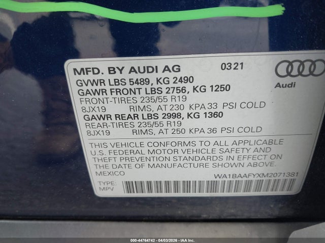 Продажа на аукционе авто 2021 Audi Q5 Premium Plus 45 Tfsi Quattro S Tronic, vin: WA1BAAFYXM2071381, номер лота: 44764742
