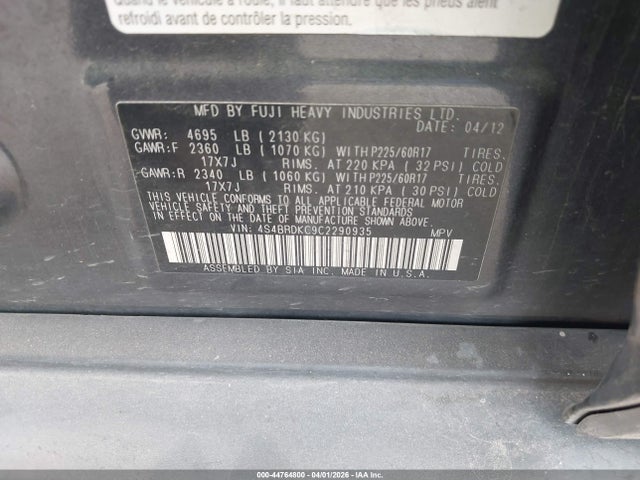 44764800 :رقم المزاد ، 4S4BRDKC9C2290935 vin ، 2012 Subaru Outback 3.6r Limited مزاد بيع