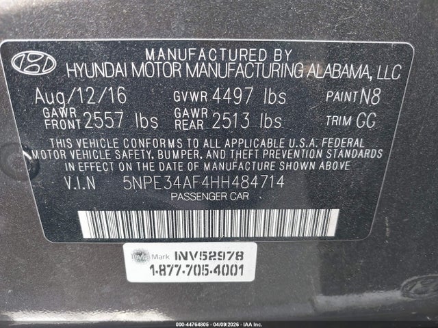 Aukcja sprzedaży 2017 Hyundai Sonata Sport, vin: 5NPE34AF4HH484714, numer aukcji: 44764805