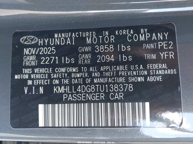 Продажа на аукционе авто 2026 Hyundai Elantra Se, vin: KMHLL4DG8TU138378, номер лота: 44764807