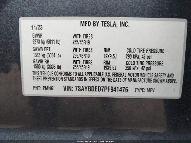 Продаж на аукціоні авто 2023 Tesla Model Y Rwd, vin: 7SAYGDED7PF941476, номер лоту: 44764816