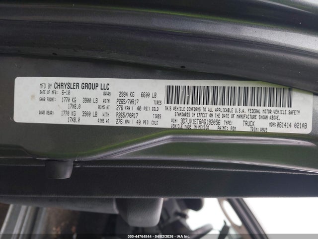 44764844 :رقم المزاد ، 3D7JV1ET6AG192056 vin ، 2010 Dodge Ram 1500 St مزاد بيع