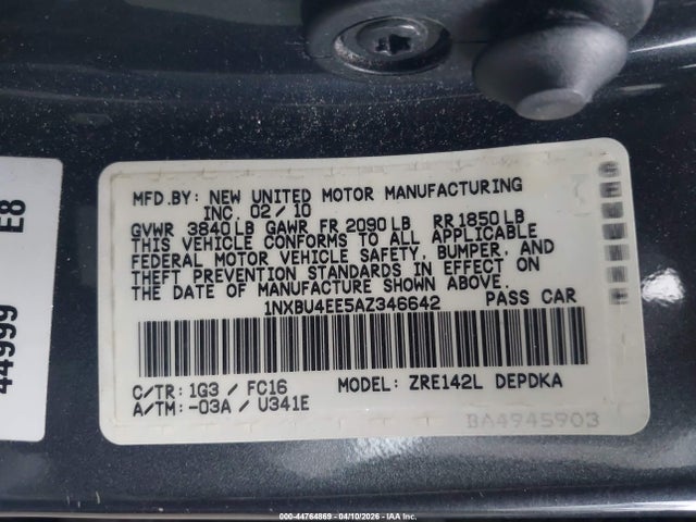 2010 Toyota Corolla Le მანქანა იყიდება აუქციონზე, vin: 1NXBU4EE5AZ346642, აუქციონის ნომერი: 44764869