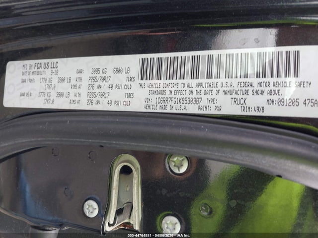 44764881 :رقم المزاد ، 1C6RR7FG1KS530387 vin ، 2019 Ram 1500 Classic Tradesman  4x4 6'4 Box مزاد بيع