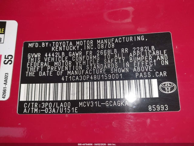 44764886 :رقم المزاد ، 4T1CA30P48U159001 vin ، 2008 Toyota Camry Solara Sle V6 مزاد بيع