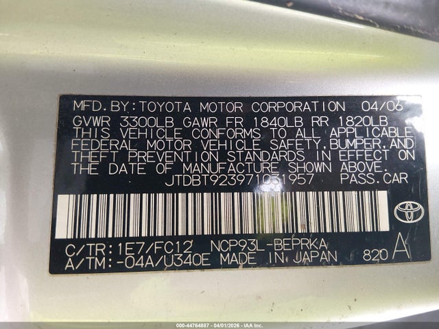 44764887 :رقم المزاد ، JTDBT923971031957 vin ، 2007 Toyota Yaris مزاد بيع