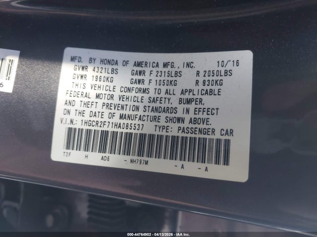 Honda ACCORD EX 2017 1HGCR2F71HA085537 Image 9