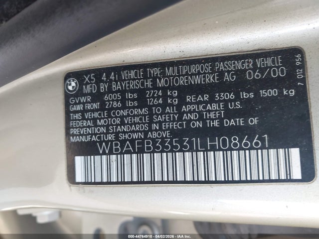 44764910 :رقم المزاد ، WBAFB33531LH08661 vin ، 2001 Bmw X5 4.4 مزاد بيع