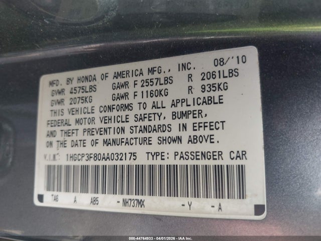 44764933 :رقم المزاد ، 1HGCP3F80AA032175 vin ، 2010 Honda Accord 3.5 Ex-l مزاد بيع