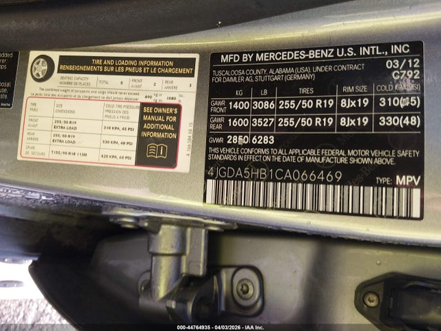 Продажа на аукционе авто 2012 Mercedes-benz Ml 350 4matic, vin: 4JGDA5HB1CA066469, номер лота: 44764935