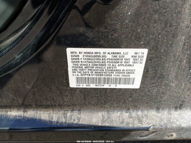 Honda Ridgeline Sport 2014 5FPYK1F72EB013453 Image 9