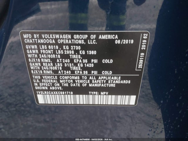 2019 Volkswagen Atlas 3.6l V6 Se მანქანა იყიდება აუქციონზე, vin: 1V2LR2CAXKC581719, აუქციონის ნომერი: 44764956