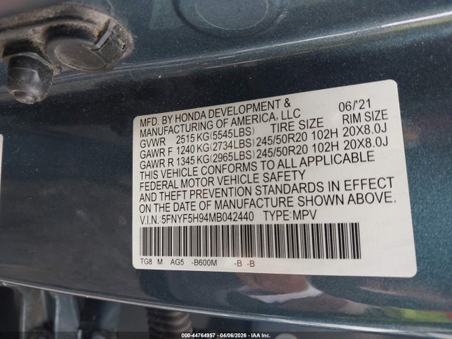 Продаж на аукціоні авто 2021 Honda Pilot 2wd Touring 8 Passenger, vin: 5FNYF5H94MB042440, номер лоту: 44764957