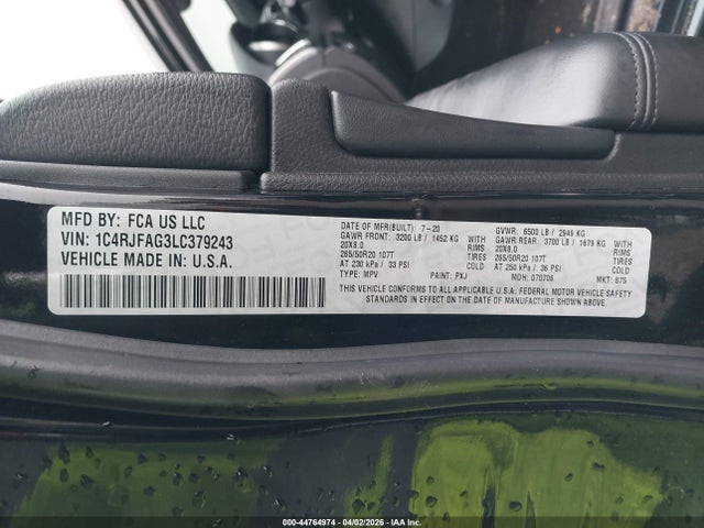 44764974 :رقم المزاد ، 1C4RJFAG3LC379243 vin ، 2020 Jeep Grand Cherokee Altitude 4x4 مزاد بيع