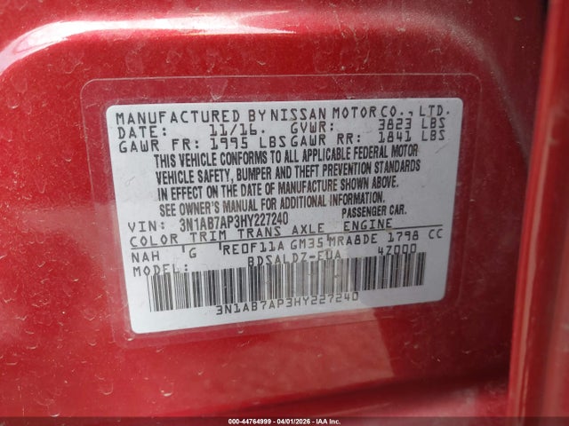 44764999 :رقم المزاد ، 3N1AB7AP3HY227240 vin ، 2017 Nissan Sentra Sv مزاد بيع