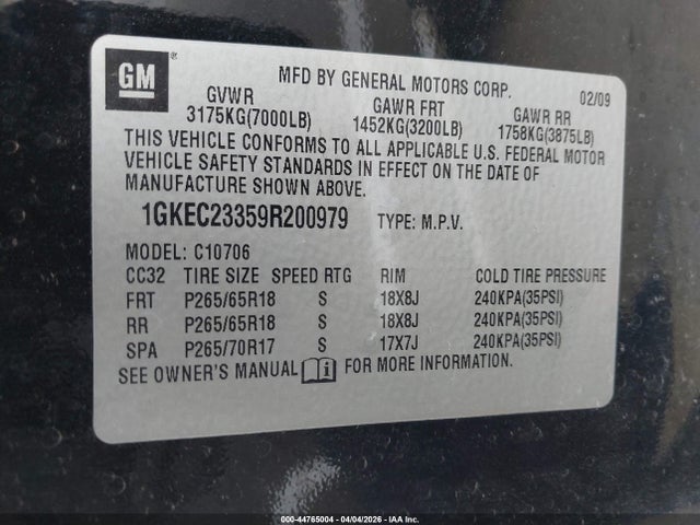 Aukcja sprzedaży 2009 Gmc Yukon Sle1, vin: 1GKEC23359R200979, numer aukcji: 44765004