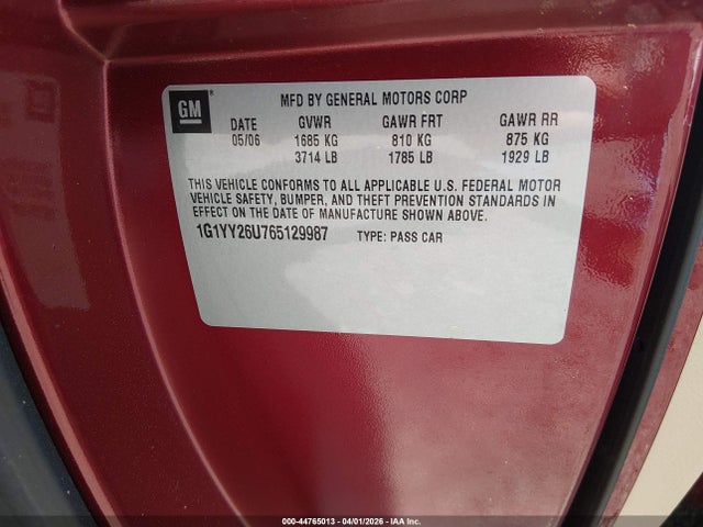44765013 :رقم المزاد ، 1G1YY26U765129987 vin ، 2006 Chevrolet Corvette مزاد بيع
