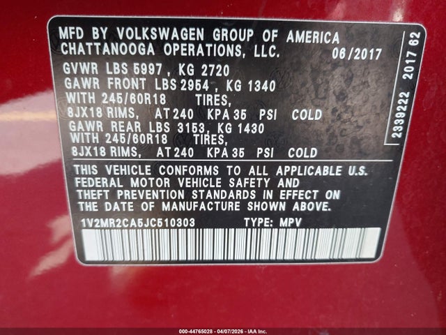 44765028 :رقم المزاد ، 1V2MR2CA5JC510303 vin ، 2018 Volkswagen Atlas 3.6l V6 Sel مزاد بيع