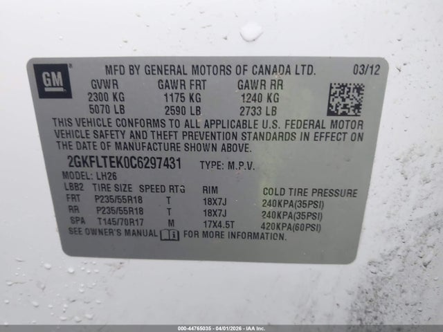 44765035 :رقم المزاد ، 2GKFLTEK0C6297431 vin ، 2012 Gmc Terrain Sle-2 مزاد بيع