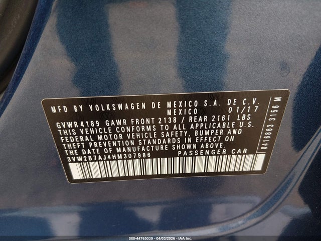 44765039 :رقم المزاد ، 3VW2B7AJ4HM307986 vin ، 2017 Volkswagen Jetta 1.4t S مزاد بيع