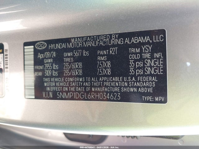 44765041 :رقم المزاد ، 5NMP1DGL6RH034623 vin ، 2024 Hyundai Santa Fe Se مزاد بيع