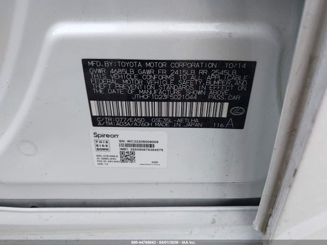 44765043 :رقم المزاد ، JTHCF1D23F5021044 vin ، 2015 Lexus Is 250 مزاد بيع