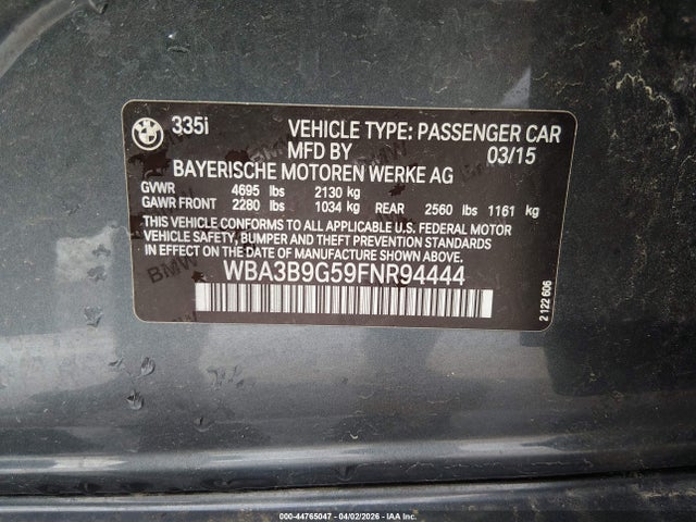 2015 Bmw 335i Xdrive მანქანა იყიდება აუქციონზე, vin: WBA3B9G59FNR94444, აუქციონის ნომერი: 44765047