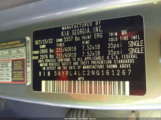 Auction sale of the 2022 Kia Sorento S, vin: 5XYRL4LC2NG161267, lot number: 44765049
