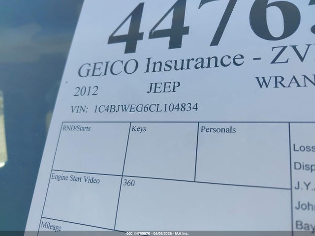 44765070 :رقم المزاد ، 1C4BJWEG6CL104834 vin ، 2012 Jeep Wrangler Unlimited Sahara مزاد بيع