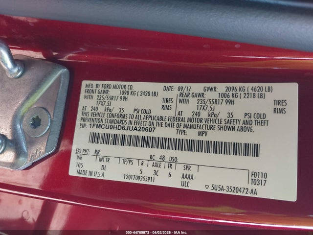 44765073 :رقم المزاد ، 1FMCU0HD6JUA20607 vin ، 2018 Ford Escape Sel مزاد بيع