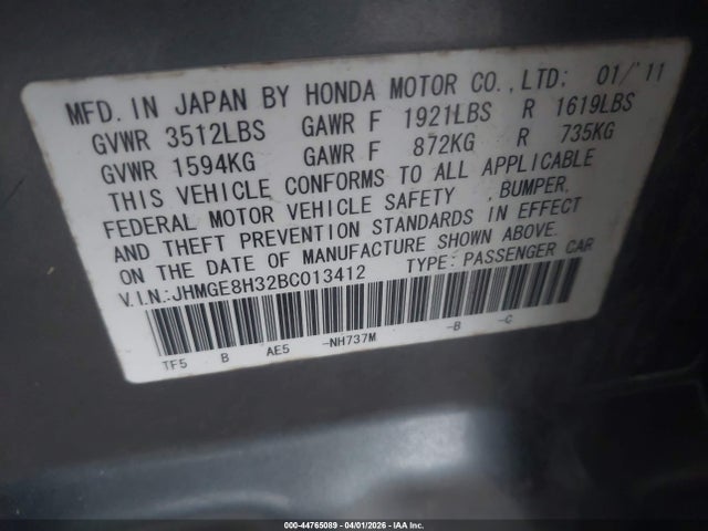 Продажа на аукционе авто 2011 Honda Fit, vin: JHMGE8H32BC013412, номер лота: 44765089