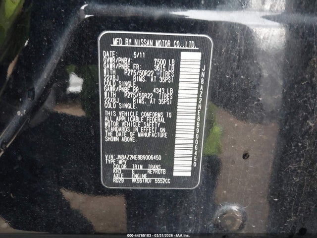 Aukcja sprzedaży 2011 Infiniti Qx56, vin: JN8AZ2NE8B9006450, numer aukcji: 44765103