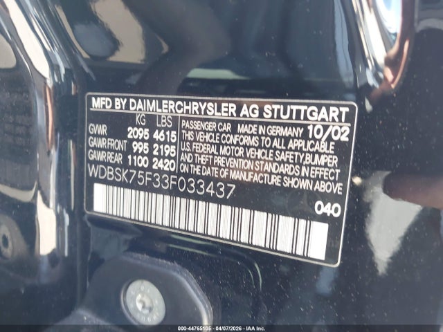 44765105 :رقم المزاد ، WDBSK75F33F033437 vin ، 2003 Mercedes-benz Sl 500 مزاد بيع