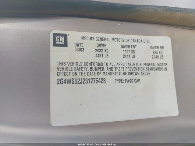 Aukcja sprzedaży 2003 Buick Century Custom, vin: 2G4WS52J231275428, numer aukcji: 44765107