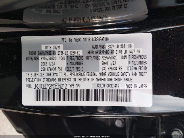 Aukcja sprzedaży 2021 Mazda Cx-9 Grand Touring, vin: JM3TCBDY2M0534212, numer aukcji: 44765114