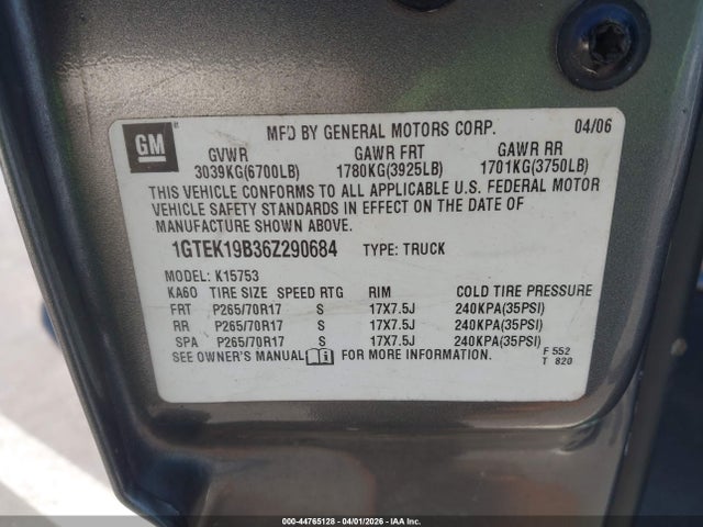 Aukcja sprzedaży 2006 Gmc Sierra 1500 Slt, vin: 1GTEK19B36Z290684, numer aukcji: 44765128