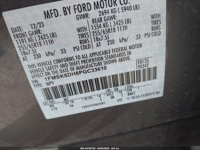 44765129 :رقم المزاد ، 1FMSK8DH8PGC33610 vin ، 2023 Ford Explorer Xlt مزاد بيع