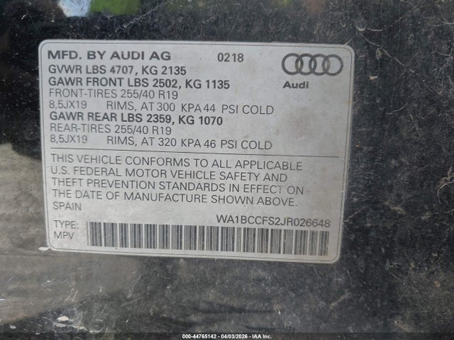 Продаж на аукціоні авто 2018 Audi Q3 2.0t Premium/2.0t Sport Premium, vin: WA1BCCFS2JR026648, номер лоту: 44765142