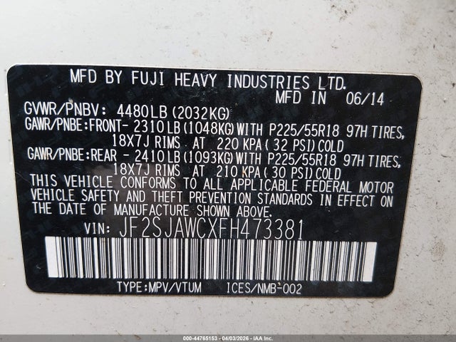 Продажа на аукционе авто 2015 Subaru Forester 2.5i Touring, vin: JF2SJAWCXFH473381, номер лота: 44765153