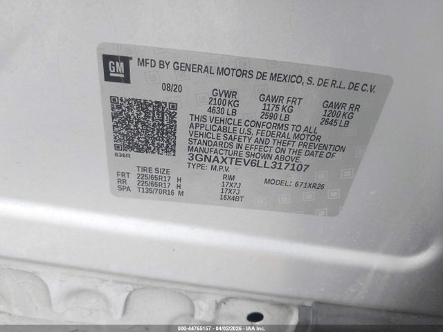 44765157 :رقم المزاد ، 3GNAXTEV6LL317107 vin ، 2020 Chevrolet Equinox Awd 2fl مزاد بيع