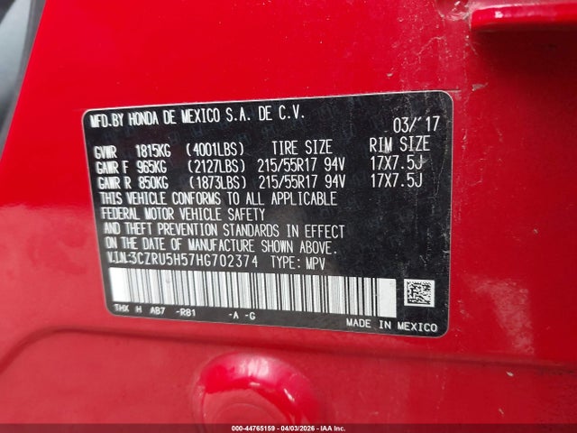 Продаж на аукціоні авто 2017 Honda Hr-v Ex, vin: 3CZRU5H57HG702374, номер лоту: 44765159