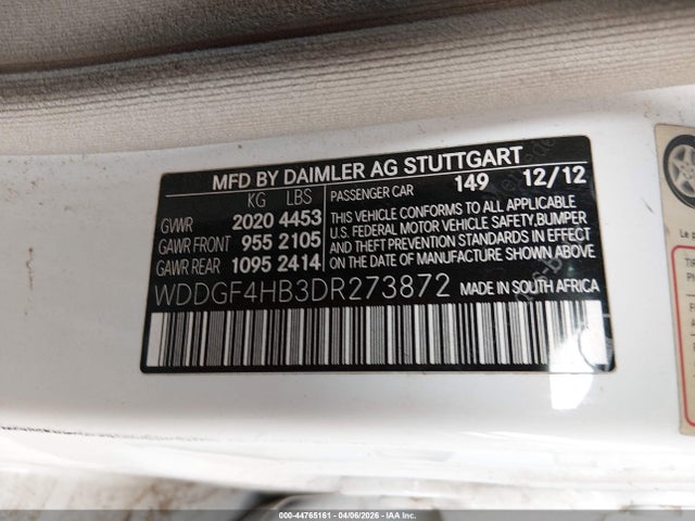 44765161 :رقم المزاد ، WDDGF4HB3DR273872 vin ، 2013 Mercedes-benz C 250 Sport مزاد بيع