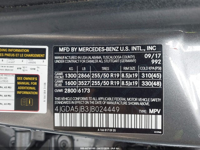 44765165 :رقم المزاد ، 4JGDA5JB3JB024449 vin ، 2018 Mercedes-benz Gle 350 مزاد بيع