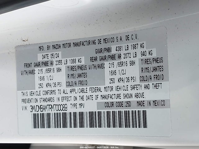44765227 :رقم المزاد ، 3MVDMBAM7RM700089 vin ، 2024 Mazda Cx-30 2.5 S مزاد بيع