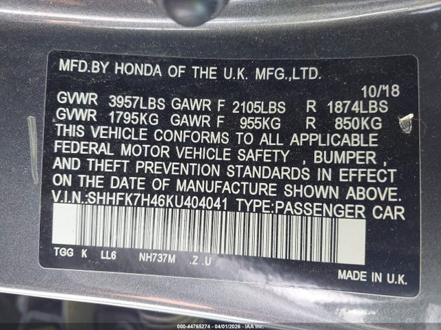 2019 HONDA CIVIC SHHFK7H46KU404041 Photo 8