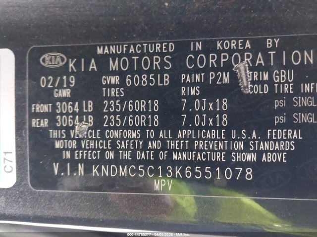 2019 Kia Sedona Sx მანქანა იყიდება აუქციონზე, vin: KNDMC5C13K6551078, აუქციონის ნომერი: 44765277