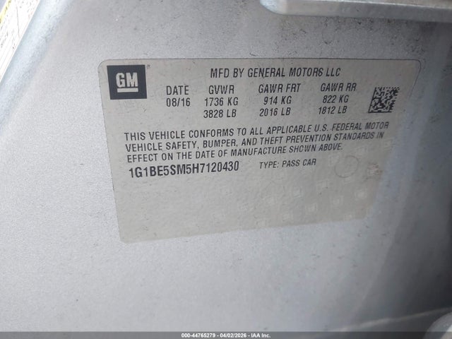 44765279 :رقم المزاد ، 1G1BE5SM5H7120430 vin ، 2017 Chevrolet Cruze Lt Auto مزاد بيع