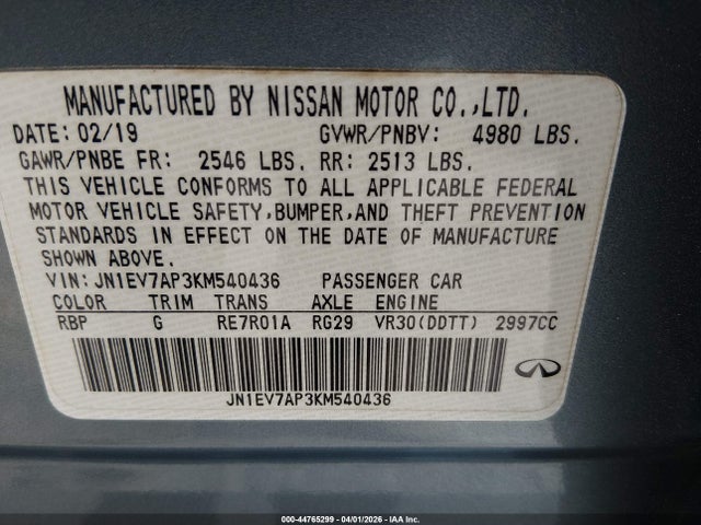 44765299 :رقم المزاد ، JN1EV7AP3KM540436 vin ، 2019 Infiniti Q50 3.0t Luxe مزاد بيع