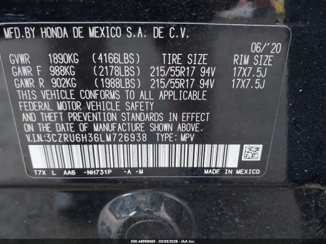 Продаж на аукціоні авто 2020 Honda Hr-v Awd Lx, vin: 3CZRU6H36LM726938, номер лоту: 44765307