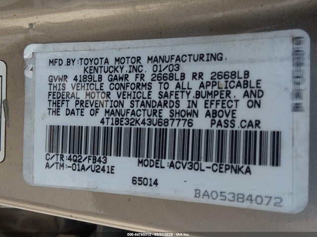 2003 TOYOTA CAMRY 4T1BE32K43U687776 Photo 8